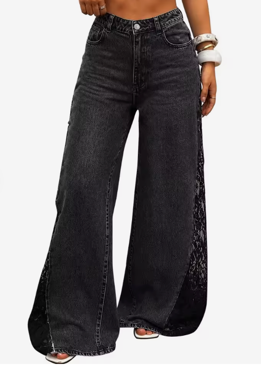 Black high-waisted wide leg lace jeans, front view