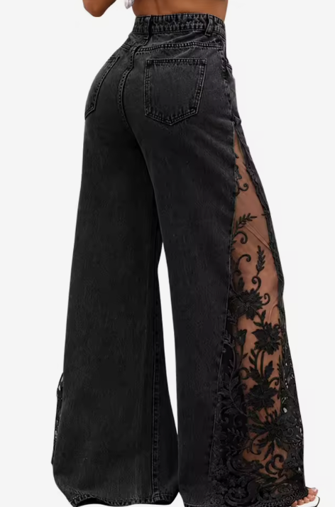 Black wide leg jeans with floral lace side panel, back view