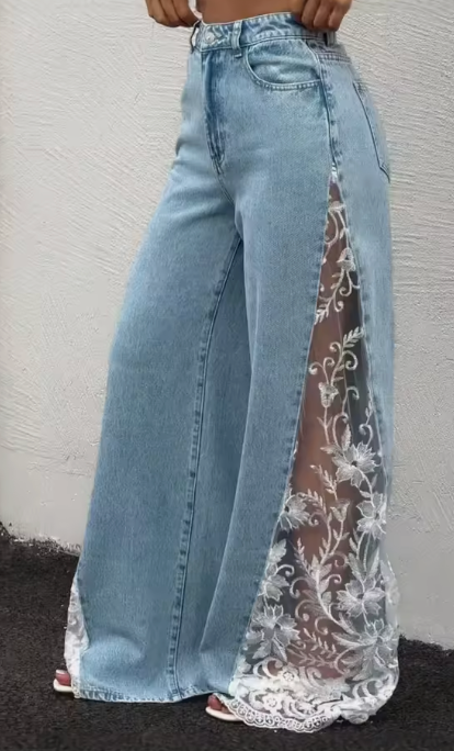 White wide leg jeans with floral lace side panel, detail view