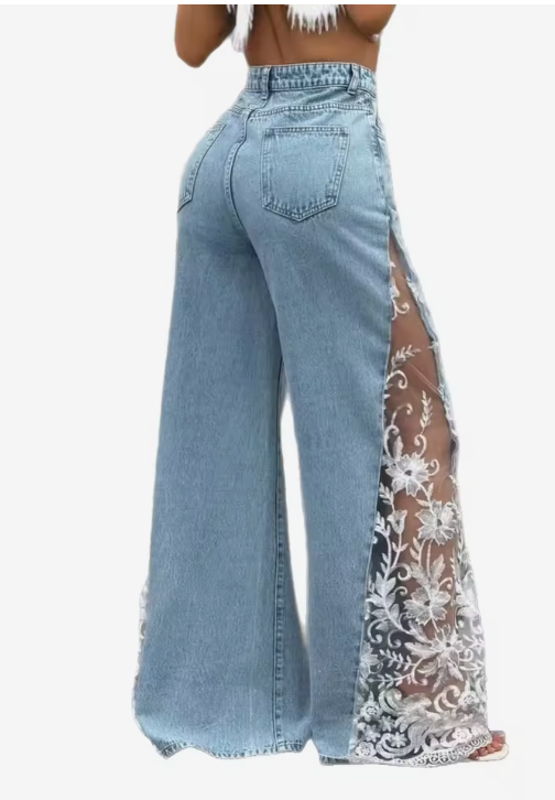 White high-waisted wide leg lace jeans, front view